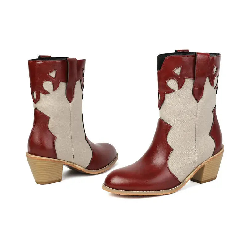 Låga Cowboyboots i västernstil med utskuret mönster och blockklack