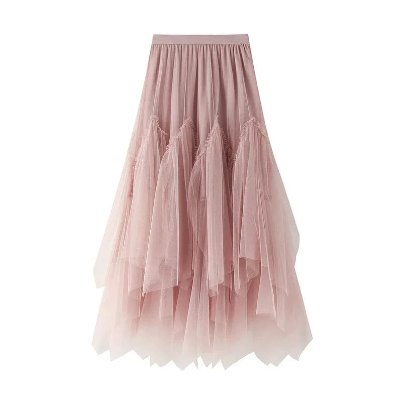 Lång asymmetrisk tyllkjol Rosa / One Size