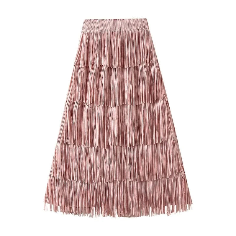 Lång festkjol med fransvolanger Rosa / One Size
