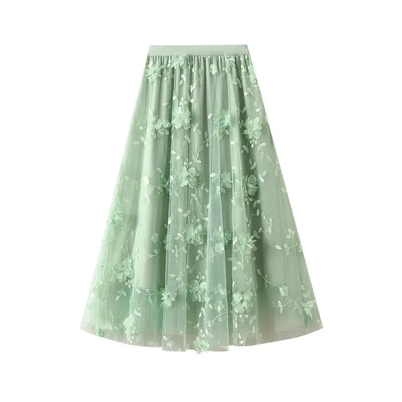 Lång tyllkjol med blombroderi i 3D Ljusgrön / One Size