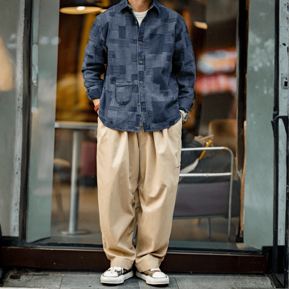 Mönstrad jeansskjorta herr i retrostil
