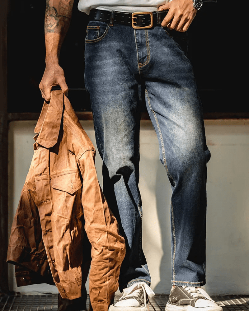 Mörkblå raka jeans i vintage-stil för herr Mörkblå / 28