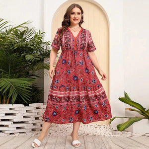 Plus size klänning i bohemisk stil Röd / 1XL