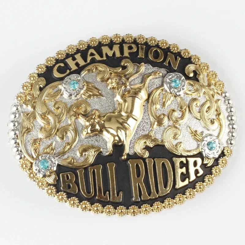 Rodeo Champion Bältesspänne "Bull Rider" med Turkos Strass Guld och silver