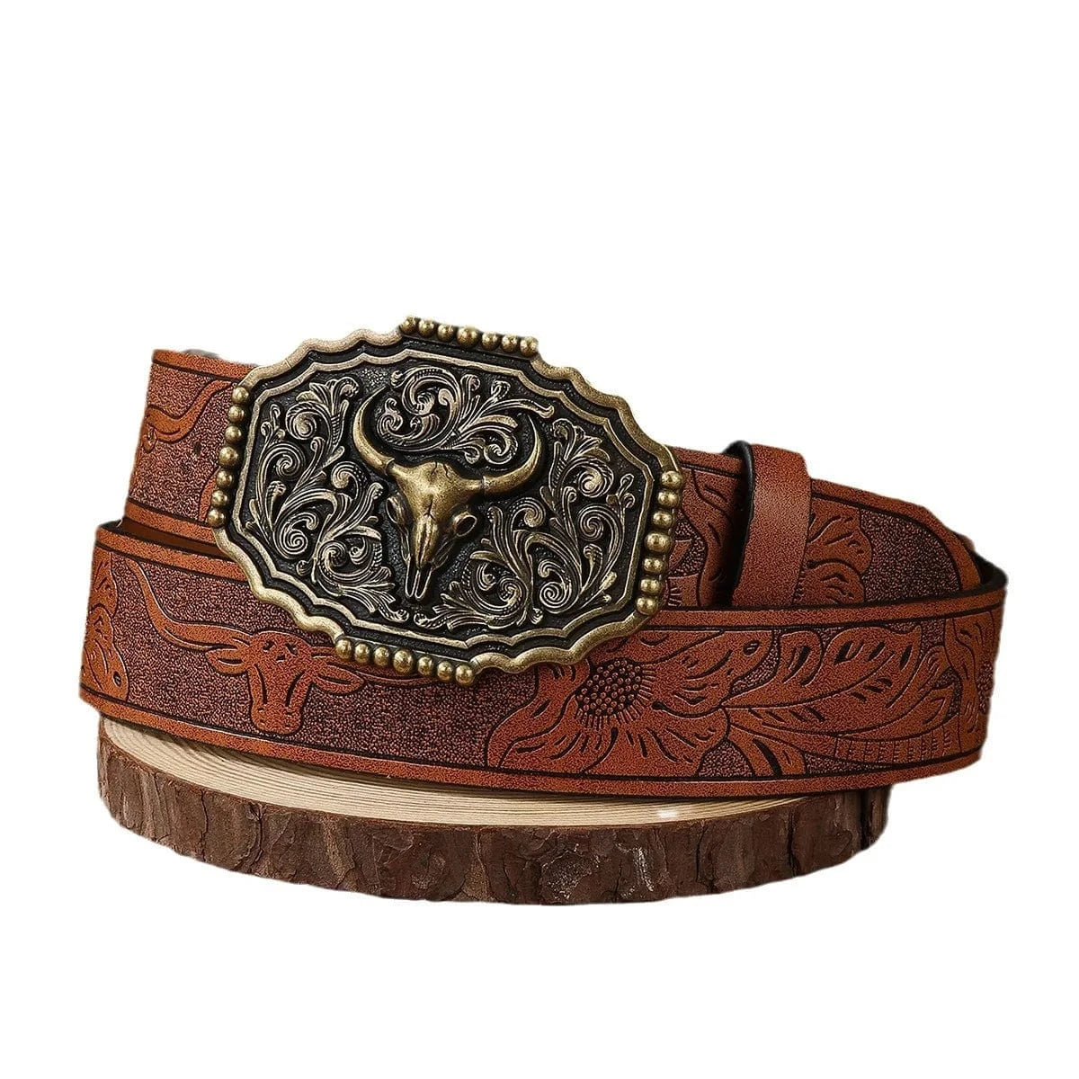 Rustikt cowboybälte i präglat läder med Tjurhuvud-Spänne Brun / 105cm