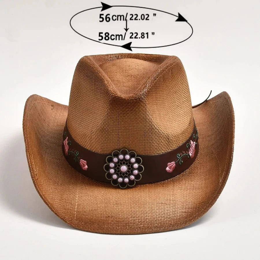 Strå Cowboyhatt med Broderad Läderrem