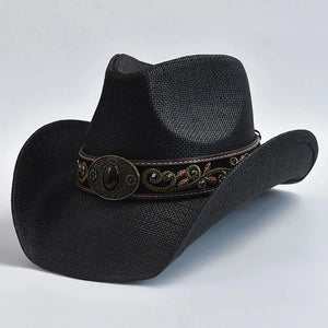Stråcowboyhatt med Broderad Rem Svart / One Size