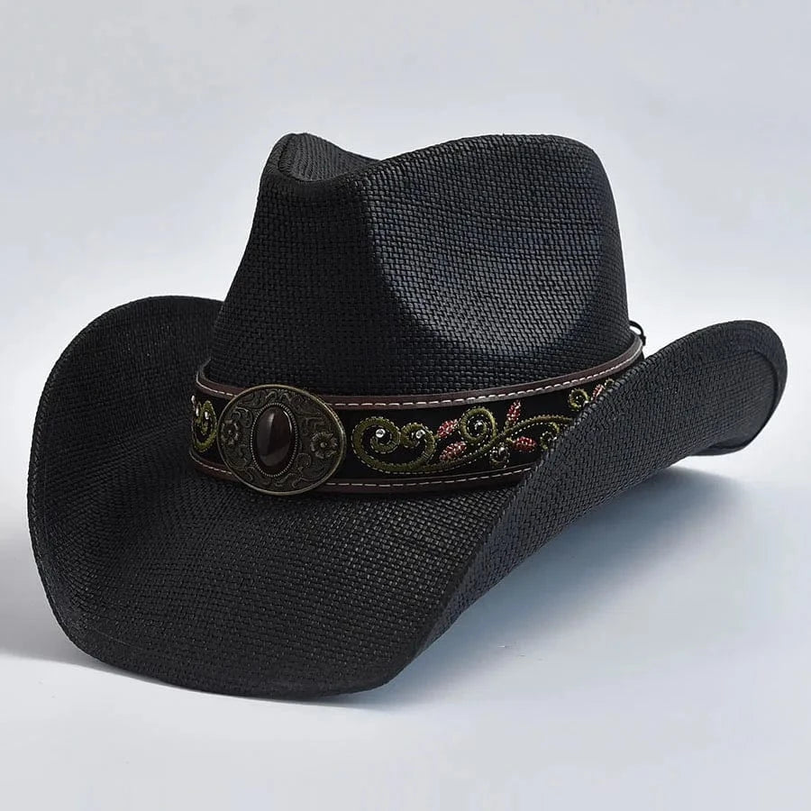 Stråcowboyhatt med Broderad Rem Svart / One Size