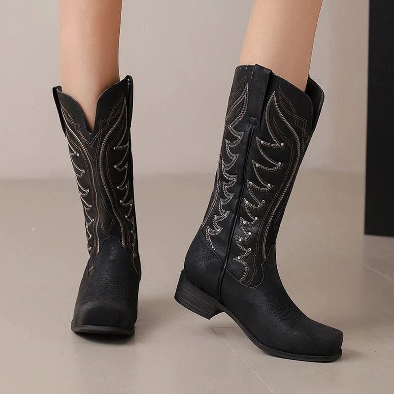 Tvåfärgade Höga Cowboyboots med Fyrkantig Tå för Dam