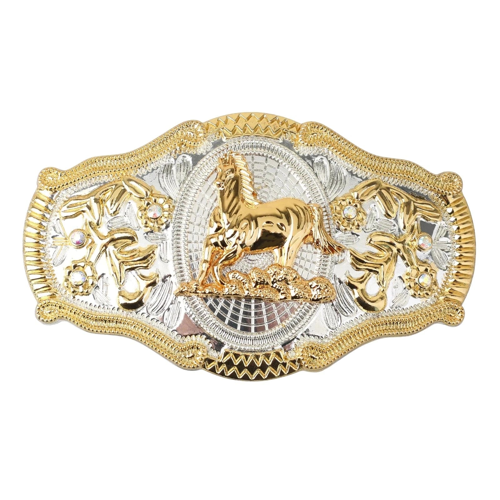 Western Bältesspännen Guld Silver Djurmotiv Vita Strass Blommig Relief Häst