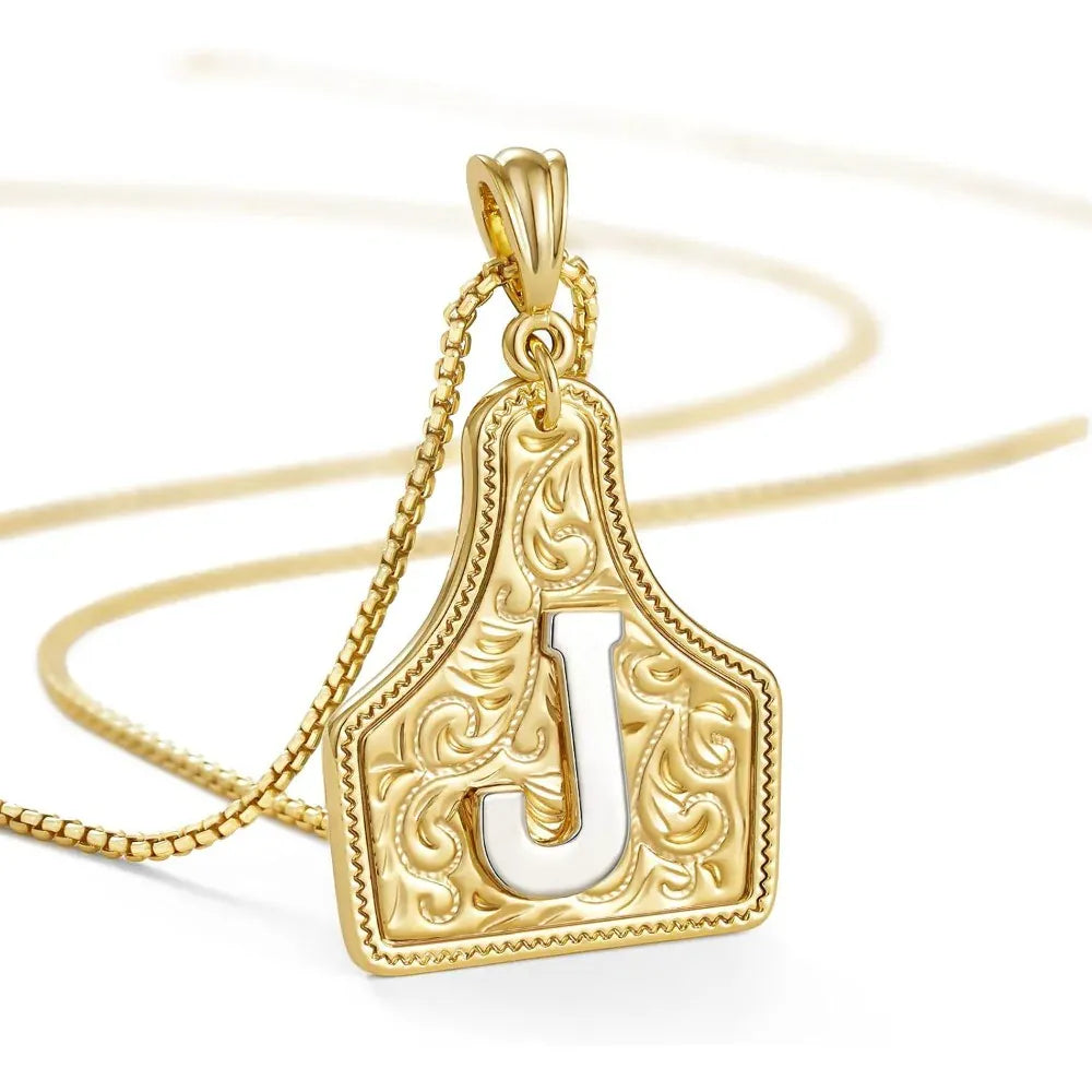 Western Cowgirl Initial Necklace Cowboy A-Z Letter Pendant Necklace for Women Handmade CowTag Two-Toned Jewelry Gift J / With cowboy box