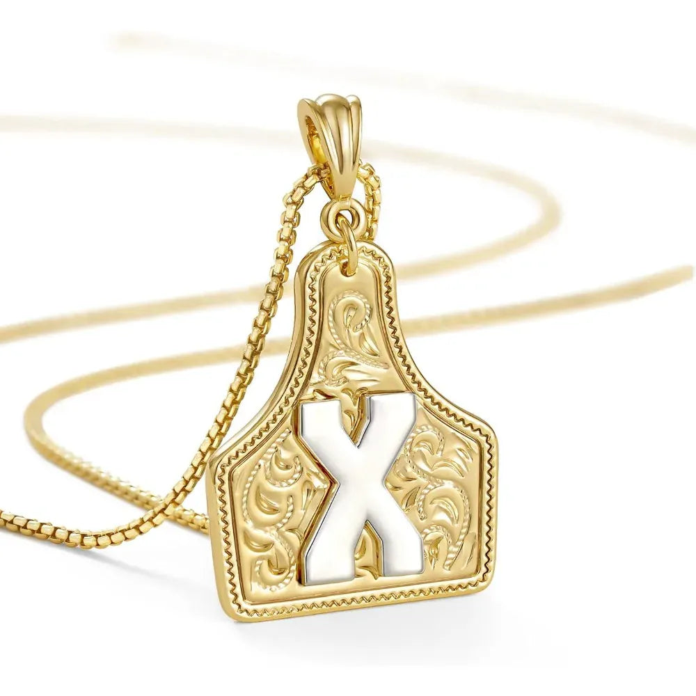 Western Cowgirl Initial Necklace Cowboy A-Z Letter Pendant Necklace for Women Handmade CowTag Two-Toned Jewelry Gift X / With cowboy box