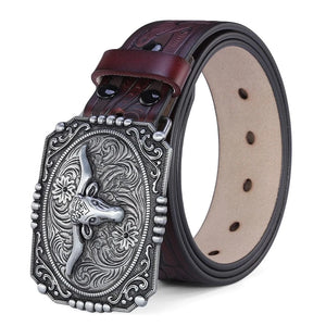 Westernbälte i Äkta Läder med Präglat Motiv och Stora Buckles Brunröd och silver 2 / 110cm