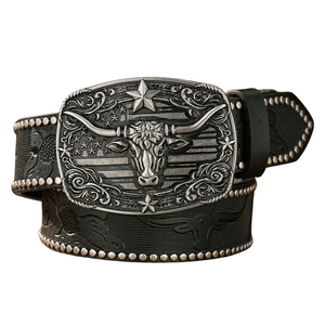 Westernbälte med präglat longhornsspänne Svart / 120cm