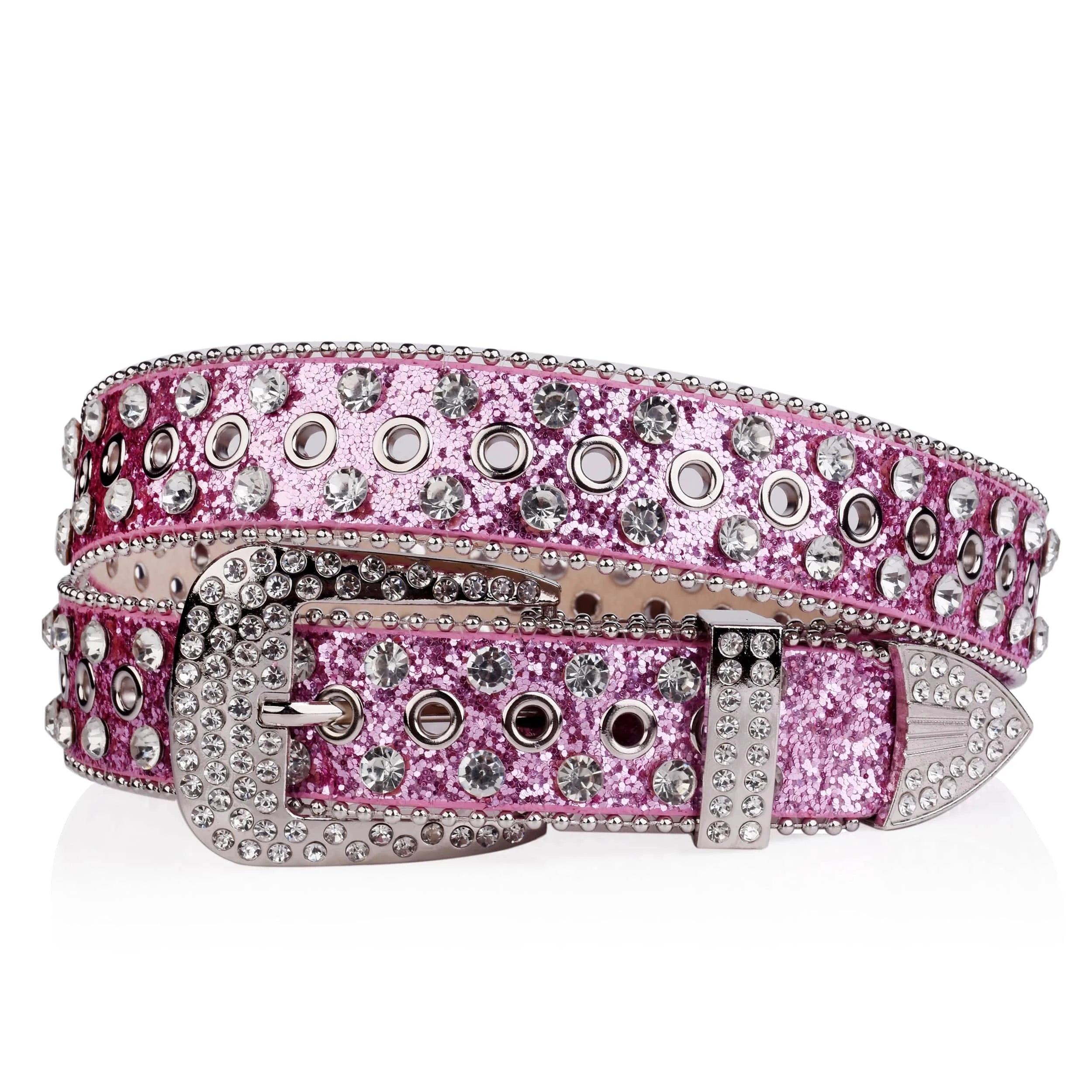 Westernbälte Silverfärgat med Strass och Nitar Rosa / 120cm