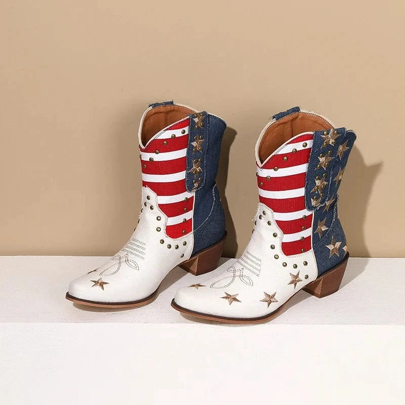 Vita Cowgirl Boots med Amerikansk Flagga